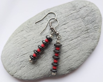 Hematite and Glass Bead Drop Earrings, Red and Black Dangly Earrings, Stainless Steel Earrings