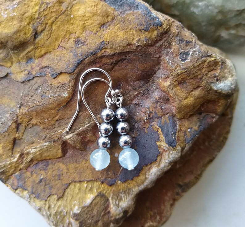 Aquamarine Earrings, Silver Hematite Earrings, Sterling Silver Drop Earrings, March Birthstone Gift, Dangly Gemstone Earrings image 1