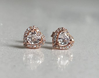 925s ALE Rose Pandora Sparkling Heart Elevated Stud Earrings Free Gift Box
