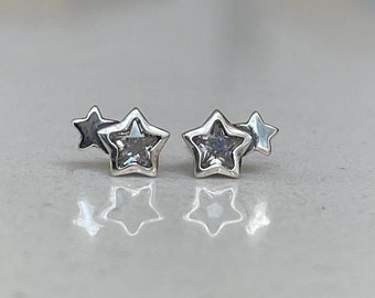 Pandora 925s ALE Silver Double Star Sparkling Earrings Free Gift Box