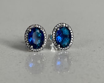 Pandora 925s ALE Sparkling Halo Statement Blue Stud Earrings Free Gift Packaging