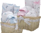 Luxury Wicker Basket baby gift hamper, customized 0-3 months 6 piece 100 cotton bodysuit hat bib booties mitts, pink rabbit blue balloons