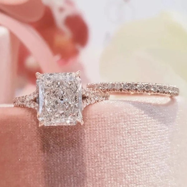 Unique Engagement Ring Set 3 Ct Radiant Moissanite Engagement Ring with Matching Band Rose Gold Eternity Band Gift for Women Bridal Set Ring