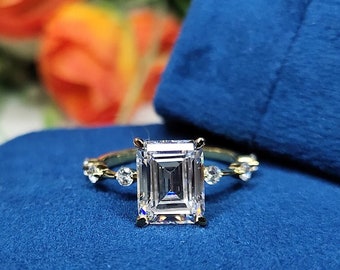 3 CT Emerald Cut Engagement Ring in Solid Yellow 10K/14k/18k Gold, Emerald Cut Solitaire Engagement Ring, Brilliant Moissanite Ring