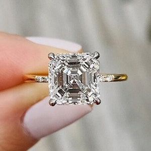 2.70Ct Asscher Moissanite Engagement Ring, Claw Prong Asscher White Gold Wedding Ring, Moissanite Asscher Tapered Band Solitaire Ring