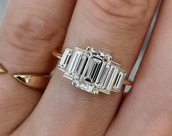 Five Stone Emerald Cut Moissanite Engagement Ring Prong Set Ring Wedding Ring Anniversary Gift Ring 14K Solid Yellow Gold Ring