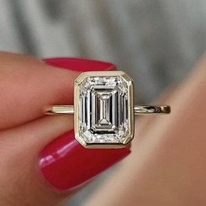 2CT Emerald Cut Moissanite Solitaire Ring, 14K Yellow Gold Engagement Ring, Bezel Setting, Statement Ring, Gift For Her, Anniversary Ring