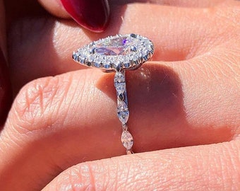 Anillo de compromiso de diamantes cultivados en laboratorio con halo de pera, regalo de aniversario vintage de 2 quilates para su anillo de diamantes G-VS1, regalo de anillo personalizado marquesa lateral