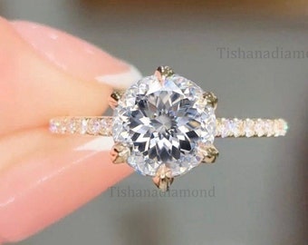 2CT runder Diamant-Moissanit-Verlobungsring mit Blütenblatt-Zinke aus Moissanit-Diamanten-Ring, portugiesischer Schliffring für Frauen, handgefertigter Schmuck
