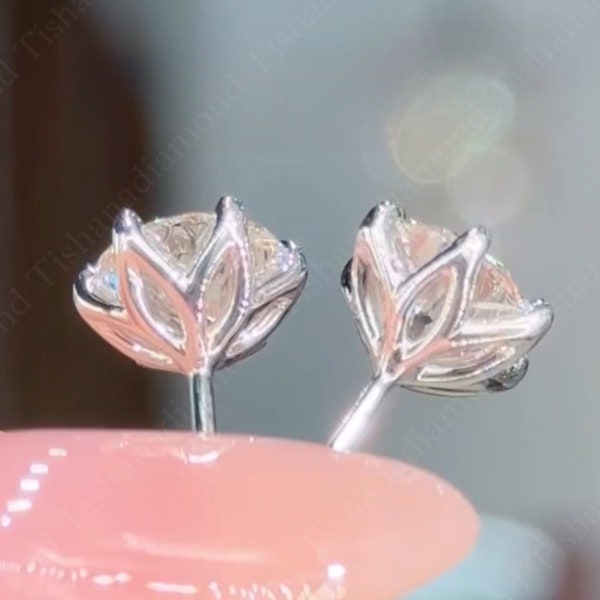 Petal Prong Stud Moissanite Earrings Solitaire Diamond Tulip Set Wedding Earring Anniversary Gift For Women Stud Earring For Girlfriend
