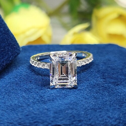 1.50CT Moissanite Emerald Cut Halo Engagement Ring 14k Solid - Etsy