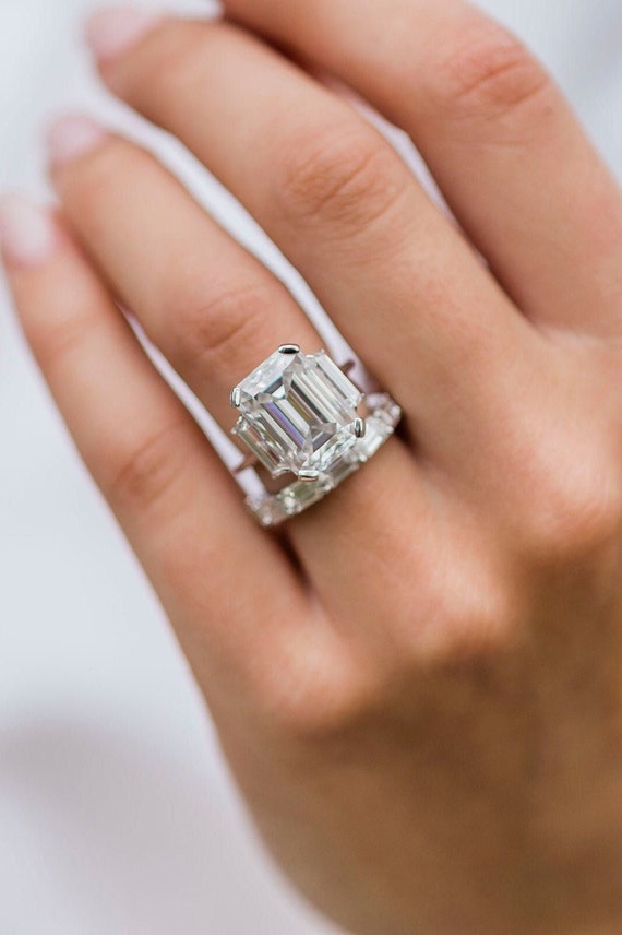 10 CT Emerald Cut Colorless Moissanite Engagement Ring Wedding