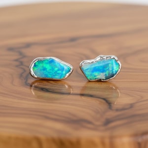 Raw Ethiopian Opal Stud Earrings | Fire Opal Blue Green Flash | Silver Plated Brass Opal Studs | Raw Cut Healing Crystal Earrings Gift