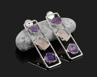 Natürliche Amethyst & Rosenquarz Ohrringe \ Multi Stein Ohrringe \ Birthstone Ohrringe \ Edelstein Ohrringe \ Vintage Ohrringe \ Boho Ohrringe