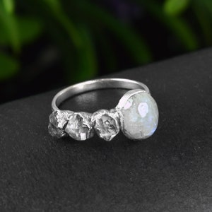 AAA White Rainbow Moonstone Ring & Herkimer Silver Ring | 925 Solid Silver | April Birthstone | Filigree Diamond Ring | Engagement Rings