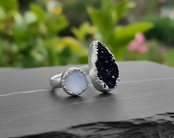 Handmade Silver Druzy Ring • Raw White Druzy & Black Druzy Adjustable Ring • Boho Ring • Unique Double Stone Silver Ring • Gift for Her