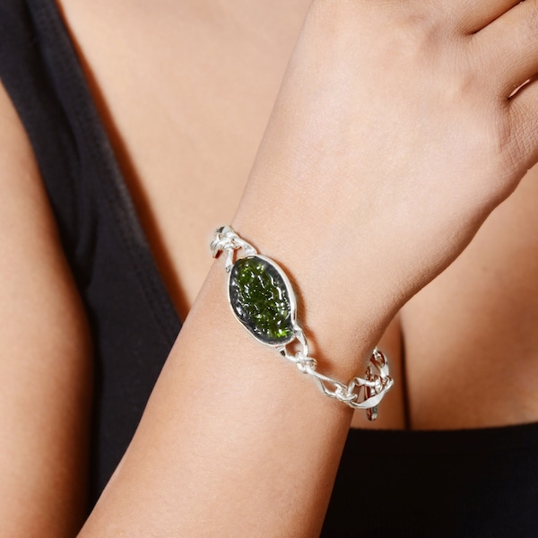 Rare Moldavite Bracelet | 925 Sterling Silver Jewelry | Gemstone Bracelet | Green Statement Bracelet | Wedding Gift | Bracelet For Mother