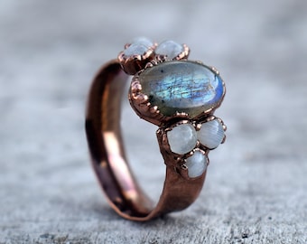 Natural Labradorite & Rainbow Moonstone Silver Ring \ Multi Stone Ring \ Handmade Ring \ Healing Crystal \ Birthstone Ring \ Ring For Women