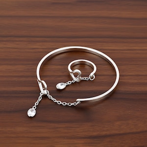 Heart Zircon Slave Bracelet \ Connected Ring & Bangle Set \ Handmade Silver Jewelry \ Chic Statement Accessories