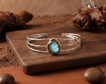 Labradorite Teardrop Cuff Bracelet \ Dainty Statement Bangle \ Handmade Gemstone Jewelry \ Rings For Women