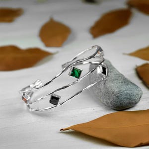 Multi Stone Cuff Bracelet / Hammered Open Bangle / Colorful Square Stones / Handmade Boho Jewelry