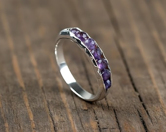 Raw Amethyst Ring Silver | Handmade Gemstone Band | February Birthstone Ring | Boho Minimalist Jewelry | Healing Crystal Gift for Her