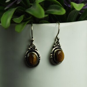 Tiger's Eye Earring-Gemstone Silver Earring-Cabochon Earring-Dangle Earring-Statement Earring-Adorable Jewelry-Anniversary Gift-Gift For Her