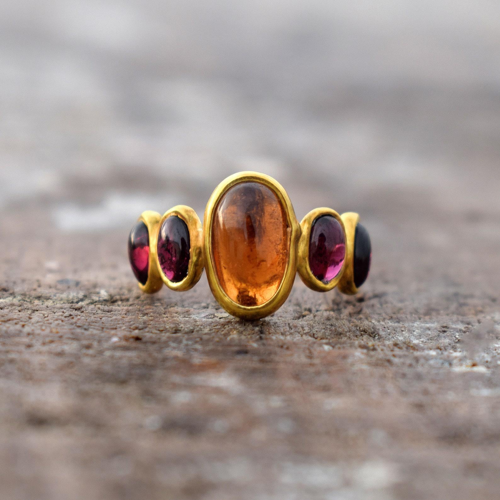 Anello Artigianale In Argento Sterling 925 Con Perla, Ambra, Granato E Pietra Di Luna - Gioiello Bohémien Donna