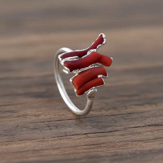Ocean Red Coral 925 Sterling silver Set -Pendant, Earrings & Adjustable ring. Amazing Waves Myriad of Synthetic Red Coral Stone Sterling  main image 3
