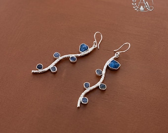 Labradorite & Apatite Dangle Earrings \ Nature Branch Jewelry \ Handmade Botanical Eardrops \ Unique Gifts For Her