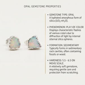 May include: Two raw opal stud earrings with iridescent flashes of color set in silver. The image includes text titled OPAL GEMSTONE PROPERTIES, detailing the gemstone type, play-of-color phenomenon, sedimentary formation, and a hardness of 5.5-6.5.