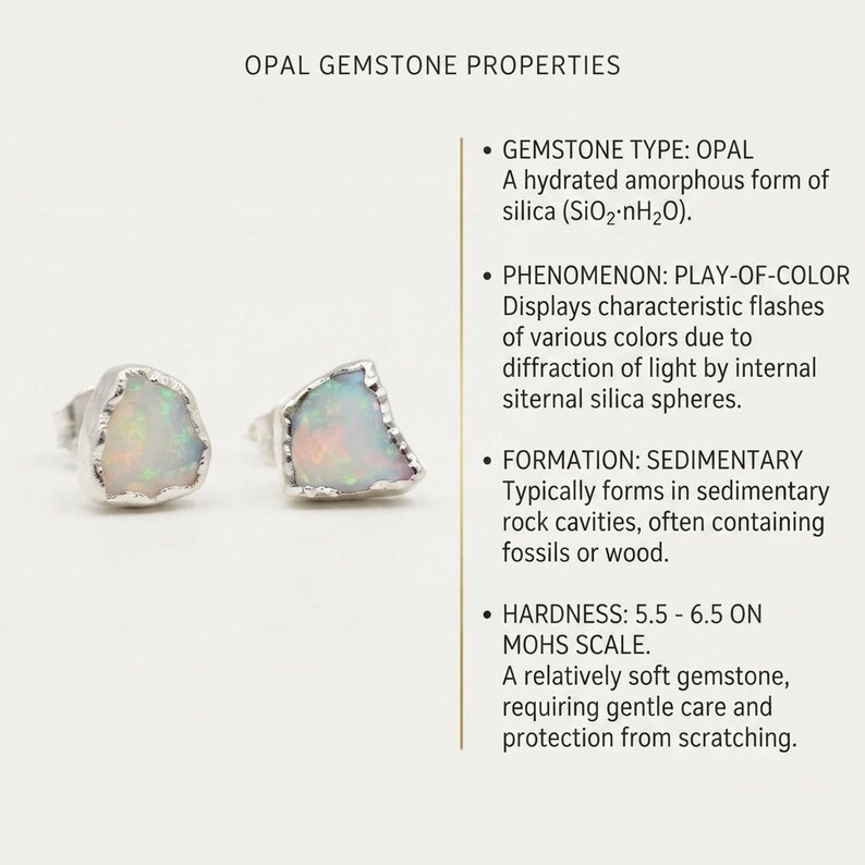 May include: Two raw opal stud earrings with iridescent flashes of color set in silver. The image includes text titled OPAL GEMSTONE PROPERTIES, detailing the gemstone type, play-of-color phenomenon, sedimentary formation, and a hardness of 5.5-6.5.