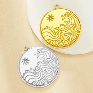 Sea Wave And Sun Stainless Steel Round Pendant,Gold Plated Stainless Steel Pendant Charm,Wave Pendant,Ocean DIY Pendant Supplies 1431469