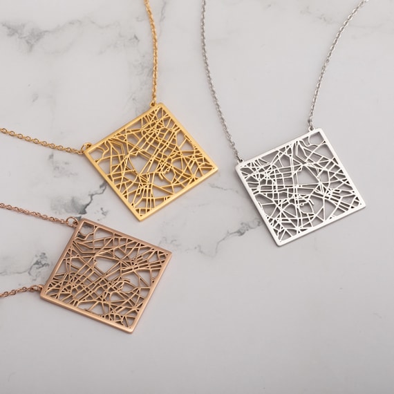 32MM Rose Gold Silver Square Rome City Map Net Work Italy Stainless Steel Pendant Charm Necklace Gift for Her 17/'/'