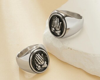 Praying Hands Stainless Steel Ring,engraved Hand Signet Stainless