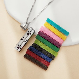 May include: A silver-colored, paw print-decorated aromatherapy pendant necklace with a matching chain. The pendant is open, revealing colorful felt pads in shades of red, brown, blue, black, green, purple, pink, yellow, and teal.