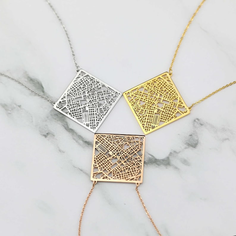 32MM Rose Gold Silver Square Rome City Map Net Work Italy Stainless Steel Pendant Charm Necklace Gift for Her 17/'/'