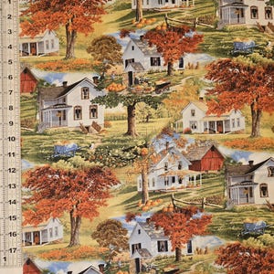 Bringing in the Harvest Fabric by John Sloane for Wilmington Prints. Pictures of White Country Homes in Autumn.  Farm Houses.