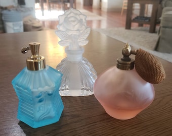 Three Satin Glass Perfume Bottles in Pastel Colors.  Two 1950's Atomizers, one  With Glass Flower Stopper.