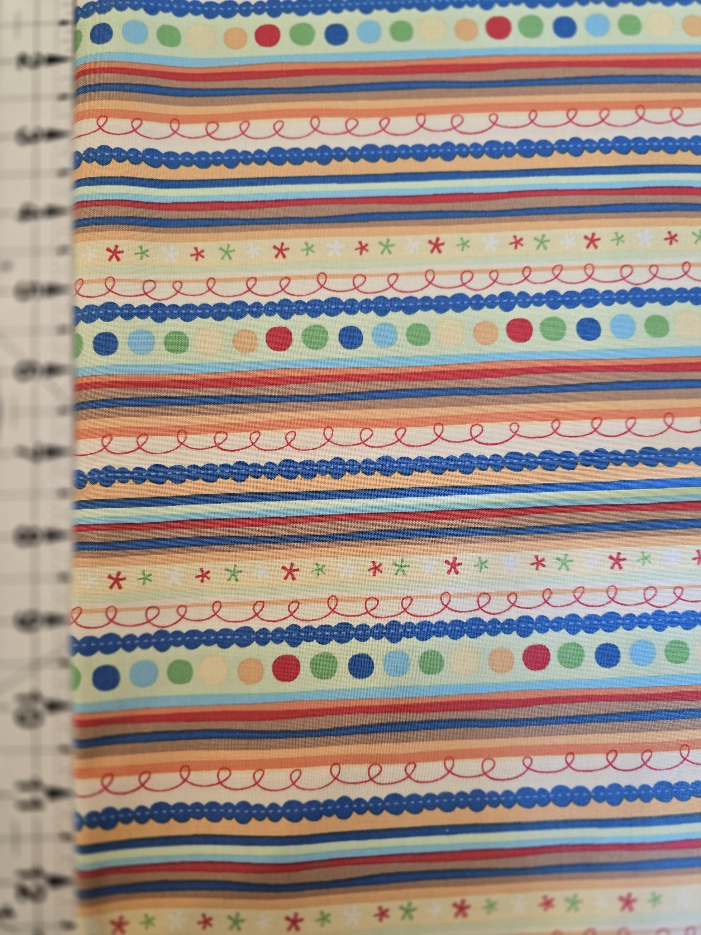 Baby Looney Tunes cotton Fabric by VIP Exclusive. Colorful Stripes Circles Stars and Curly Lines in Red, Blue, Green, Yellow, Gold and White
