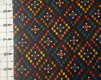 VIP by Joan Messamore for Cranston Print Works.  Black Background w Squares of Color in a Diamond Pattern.  Red Blue Green Gold Brown White