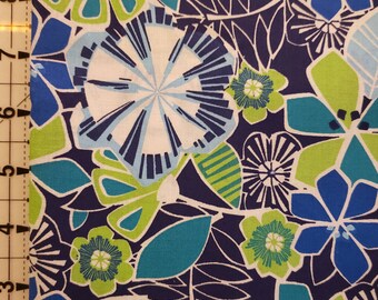 Sold by Half Yard. Mod Floral Fabric in Navy Blue, Royal Blue,  Sky Blue, Green and Lime Green.  Maker Unknown