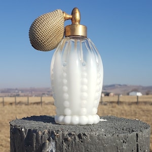 1950&#39;s Duncan Miller Atomizer Perfume Bottle for T.J. Holmes.  White Opalescent Fade to Clear