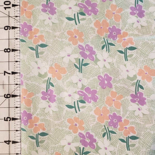 1930s Reproduction Fabric.  Pastel Floral in Lavender Peach White on Pale Green Background.  For Authentic Prints by F + Z for SSI