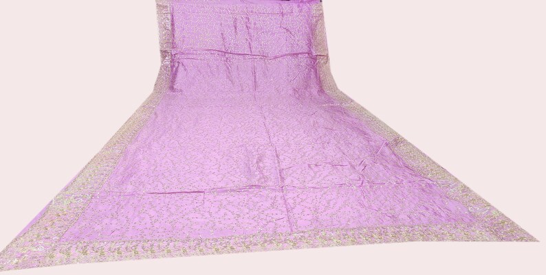 Dev Vintage Indian Pure Silk Saree Sequins Work Floral Pink Used Craft Ethnic Premium Decor Sari Fabric