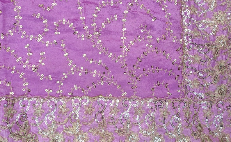 Dev Vintage Indian Pure Silk Saree Sequins Work Floral Pink Used Craft Ethnic Premium Decor Sari Fabric