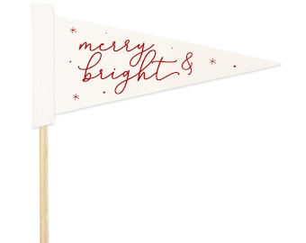 Merry and Bright Christmas Felt Pennant Flag with Wooden Dowel, Kids Christmas Pennant Banner, Christmas Decor, Stocking Stuffer, Photo Prop