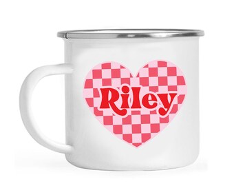 Personalized Kids Valentine's Day Mug Valentine’s Day Gift for Kids Custom Name Retro Valentine Checkered Heart Mug Valentines Cup, Basket