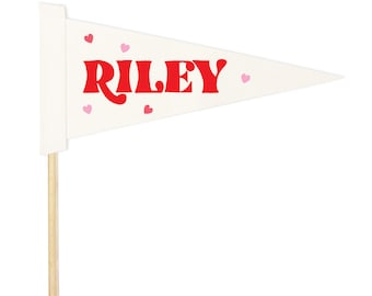 Personalized Valentine’s Day Pennant Flag Wooden Dowel Felt Kids Pennant Banner Valentine’s Day Photo Prop Valentines Decor Basket Flag Wand
