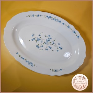 May include: White oval serving platter with a scalloped edge. The platter is decorated with a delicate blue floral pattern. The floral design is arranged in a central cluster and along the rim, adding a touch of elegance to the piece.